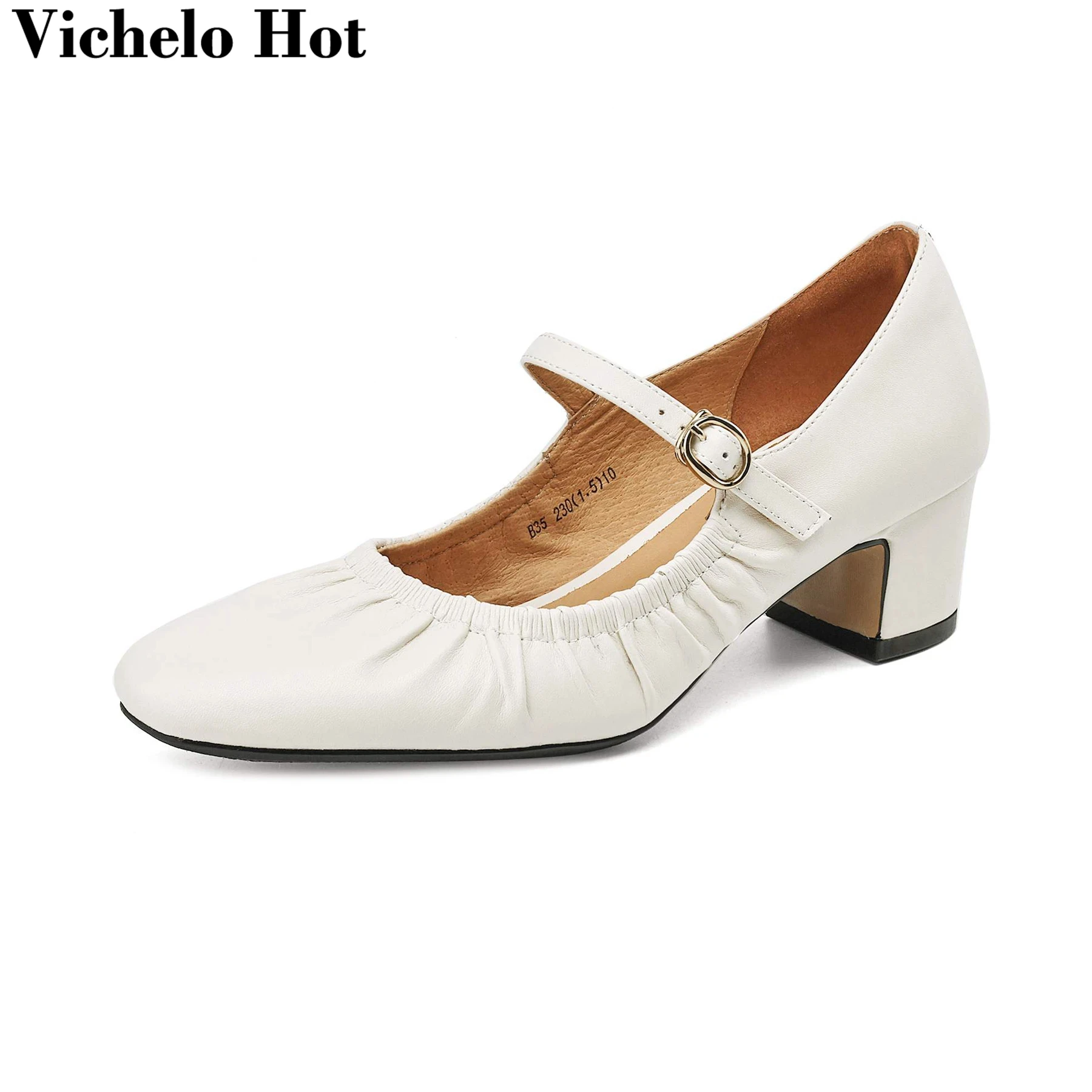 

Vichelo Hot Cow Leather Shallow Pleated Autumn Shoes Office Lady Mary Janes Chunky Med Heels Party Office Lady Brand Women Pumps