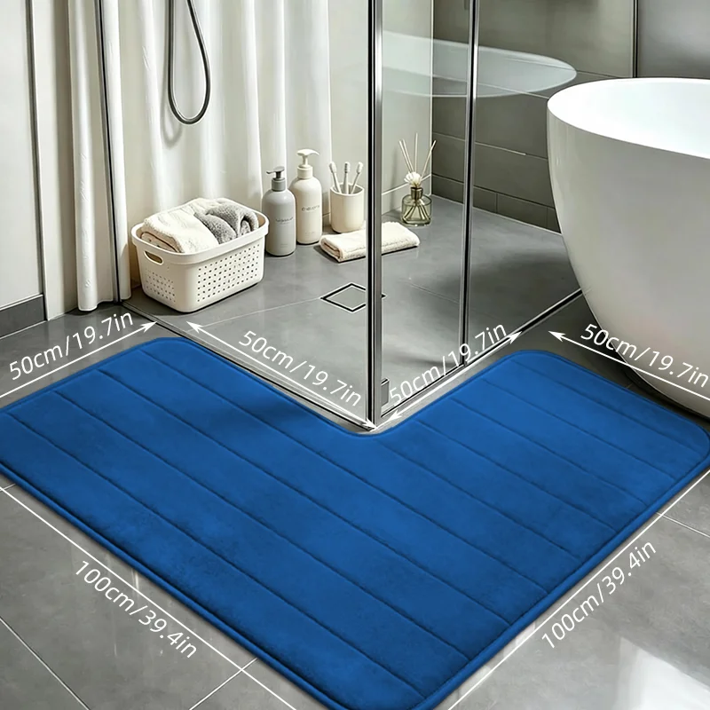 1Pc Bathroom L-Shaped Non-Slip Absorbent Floor Mat, Thick Coral Fleece Quick-Dry Foot Mat, Horizontal Stripe Embossed Design, Suitable for Hotels, Guesthouses, and Home Use, Anti-Slip and Dirt-Resistant Carpet for Bathroom Shower Area