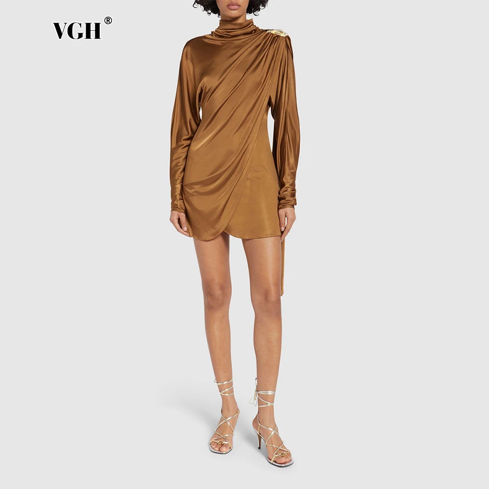 VGH Loose Minimalist Spliced Folds Short Dresses For Women Turtleneck Long Sleeve High Waist Patchwork Metal Dress Female New