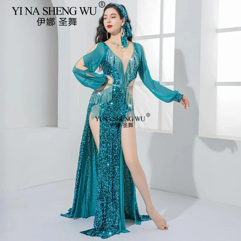 2025 novo adulto traje de dança do ventre dança oriental luz luxo brilhante desempenho competição traje robe para mulher