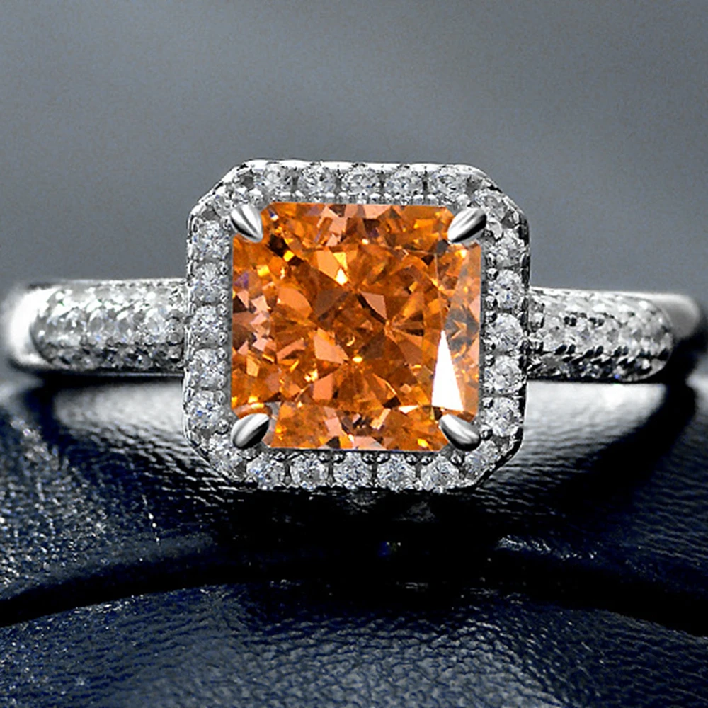 WUIHA Real 925 Sterling Silver Crushed Ice Cut 7*7MM Fancy Vivid Orange Sapphire Created Moissanite Diamond Ring for Women Gifts