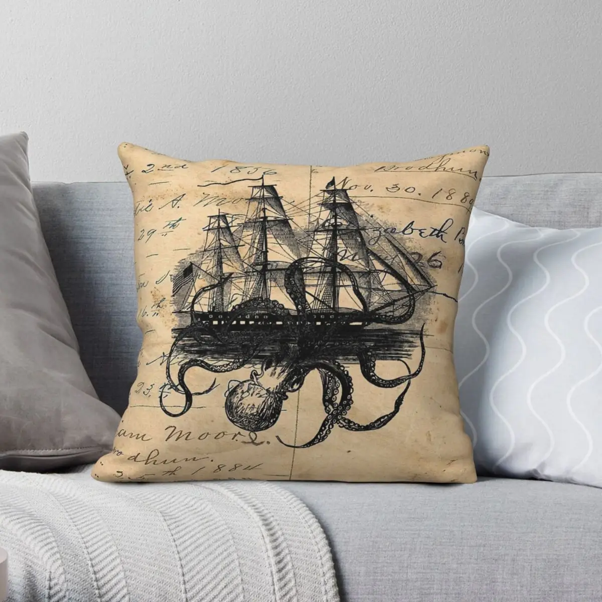 Kraken Attacking Ship On Ledger Square Pillowcase Polyester Linen Velvet Printed Throw Pillow Case Bed Cushion Cover Wholesale