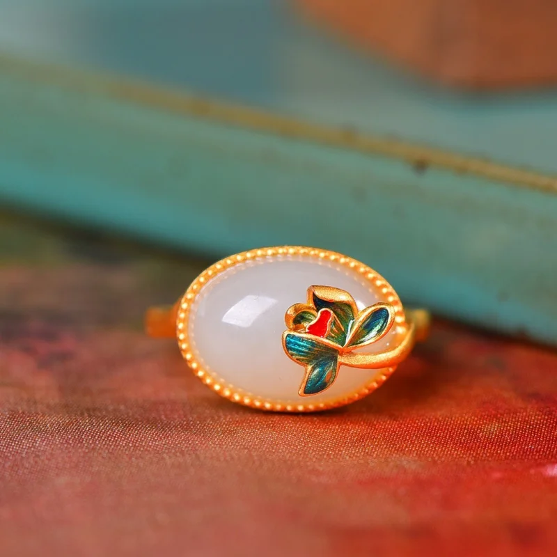 

Silver Inlaid Hetian White Jade Enamel Matte Gold Elegant Women'S Jewelry Ring