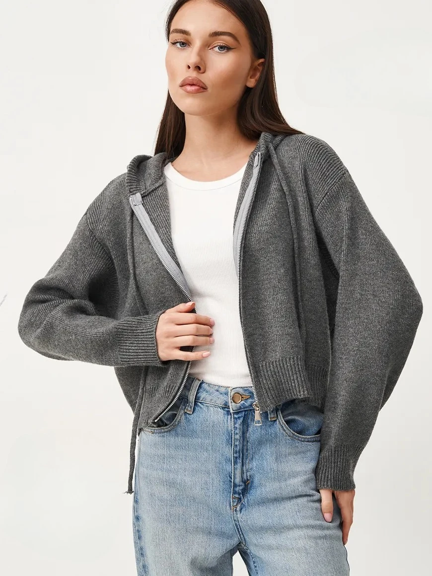 

Zipper Hooded Knitted Jacket Women Autumn Winter Short Cardigan Crop Top Solid Gray Blue Thicken Warm Women's Sweater Jackets