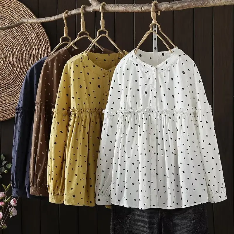 

[Ready Stock] High Quality Women 100% Cotton Blouse Shirt New Cartoon Dot Print Fungus Lace Splicing Long Sleeve Shirts Blouses