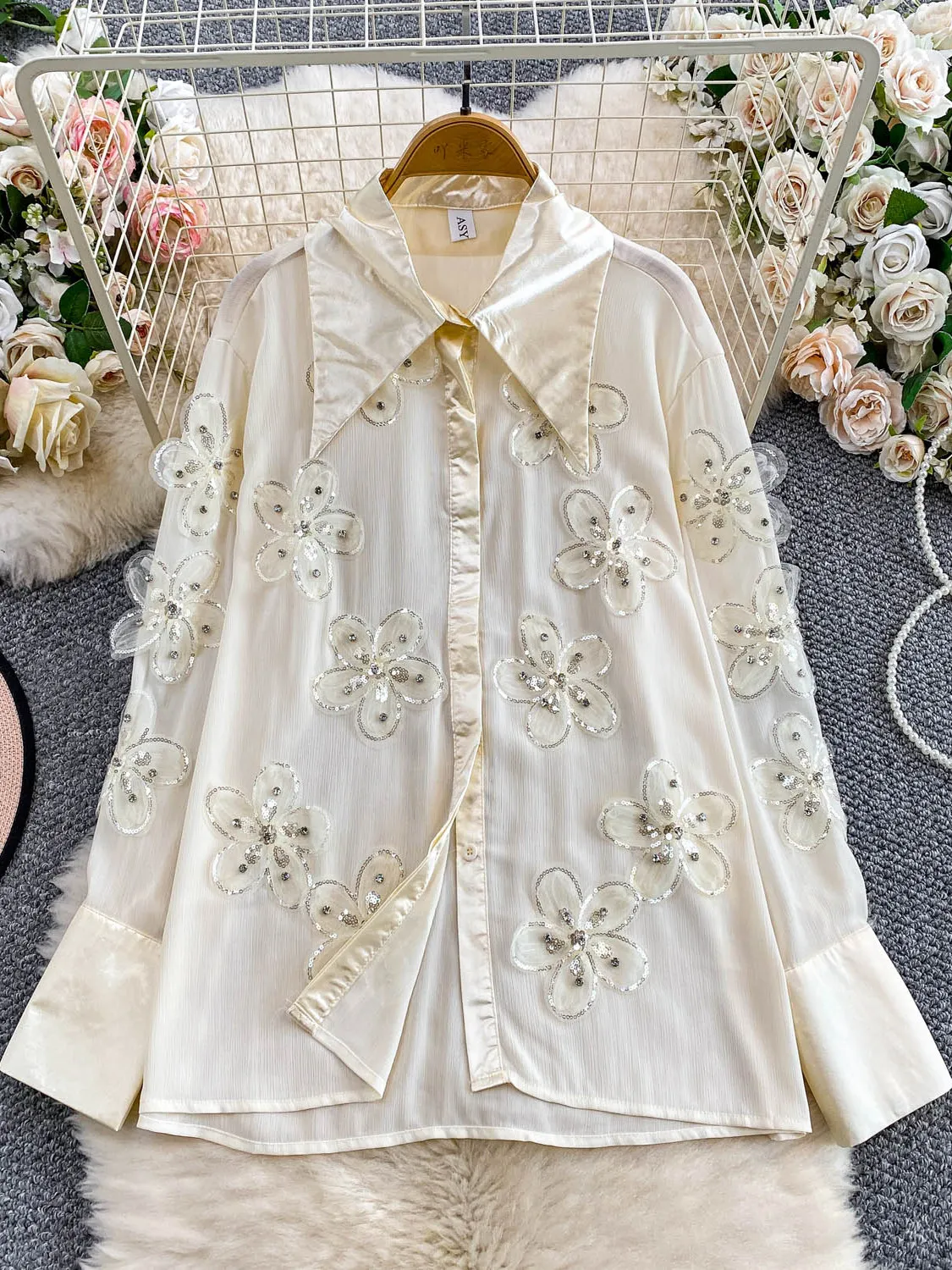 

Ele Heavy Embellied Me Sequin Diamond Collar Loose Slimming Women's irt Korean Sle Long Sve Commute Faion