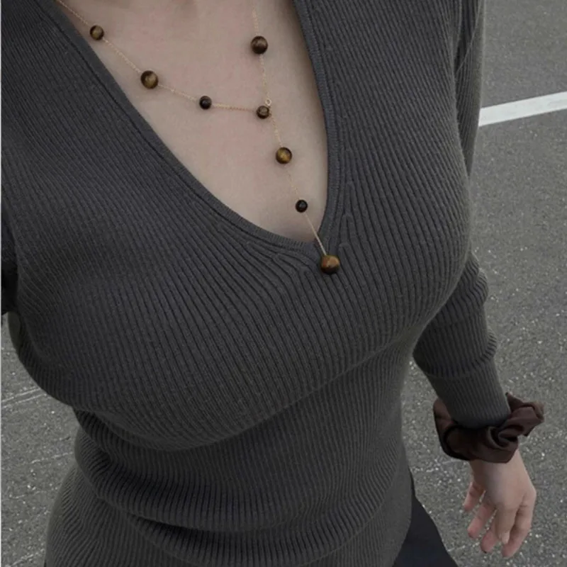 

Knitted Sweater Women Pullovers Women Clothing New Slim V-Neck Black Knit Sweater Pullover Women Tops Long Sleeve Sweaters Q3023