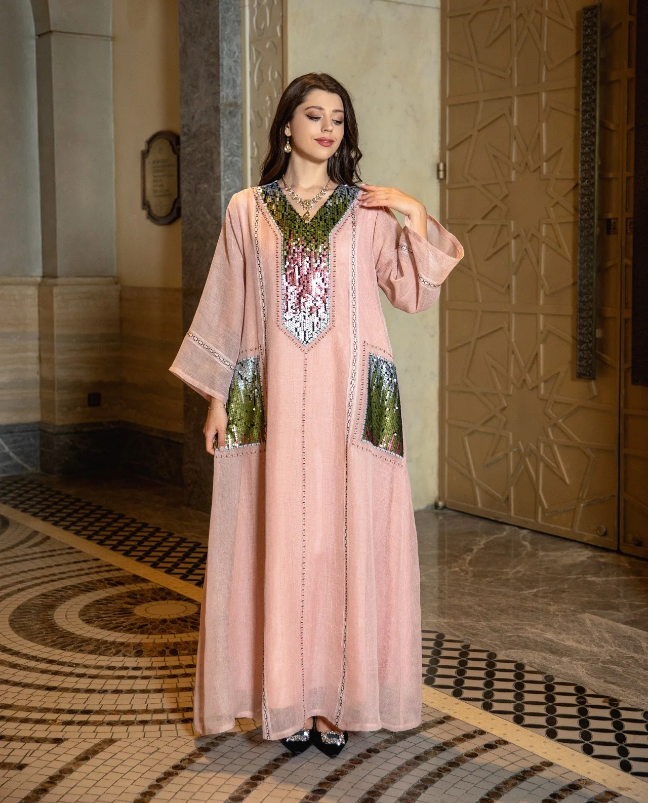 

Jalabiya Dubai Beaded Sequin Embroidery Robe Muslim Women Maxi Party Dress Eid Ramadan Abaya Turkey Islamic Clothing Gown Kaftan