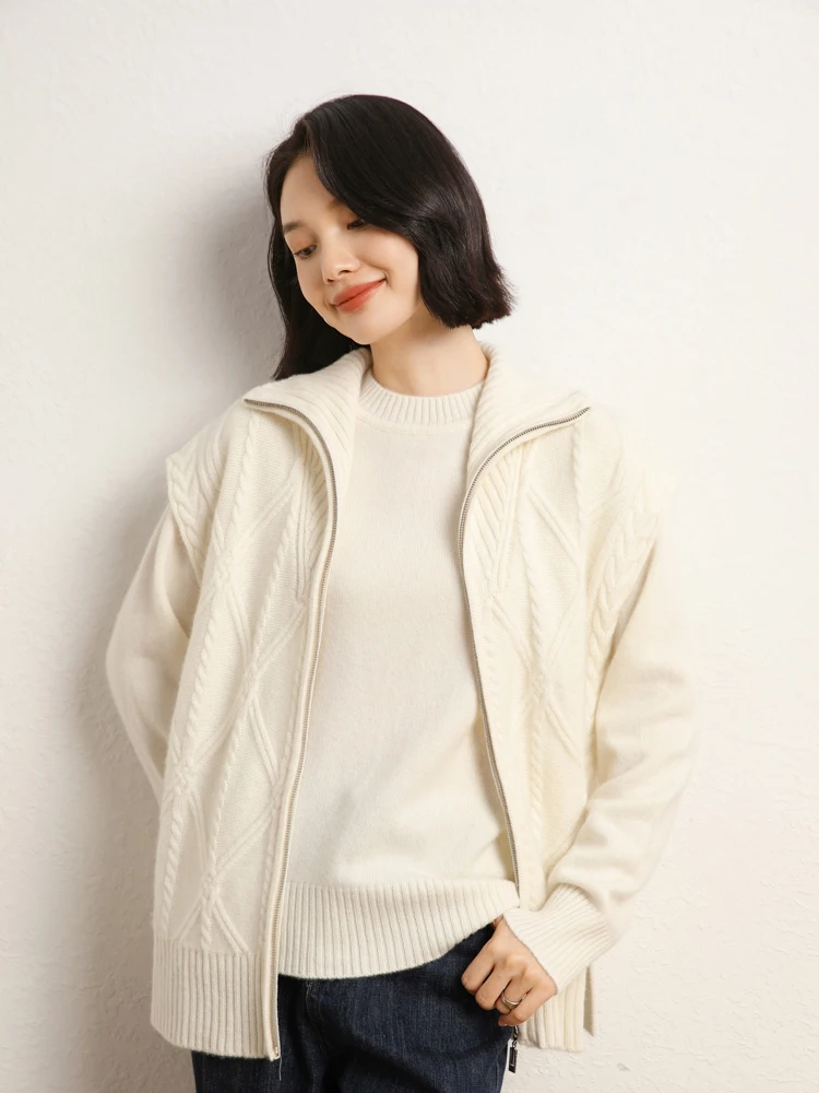 

Women's Fashion Casual Loose Zippered Cardigan Sleeveless 100% Cashmere Sweater Autumn Winter Warm Cable Stitch Clothing Tops
