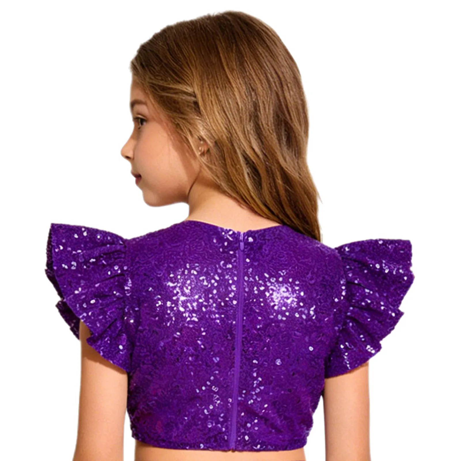 Kids Girls Glittery Sequin Dance Top Crew Neck Ruffled Fly Sleeve Back Hidden Zipper Fully Lined Blouse Top for Birthday Party
