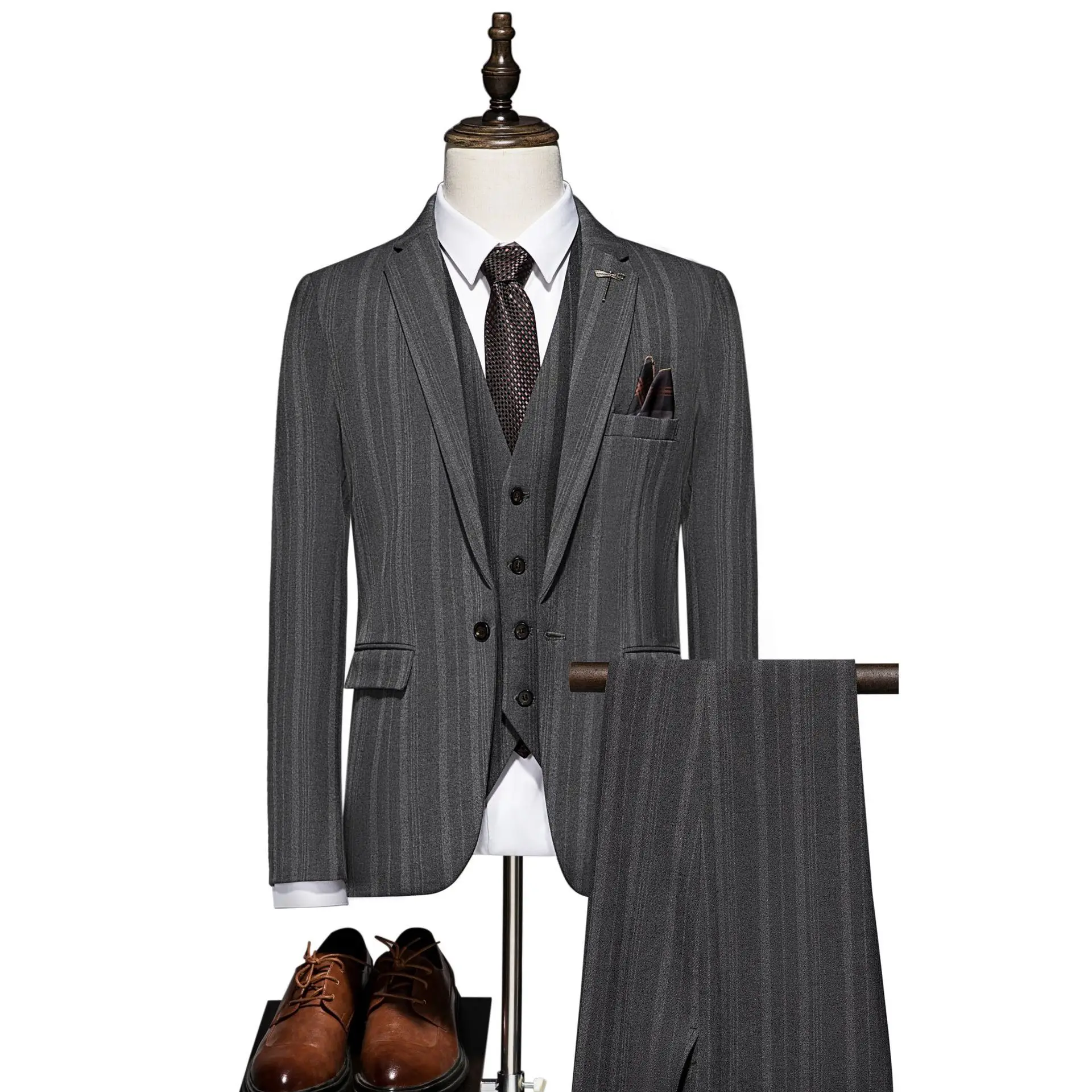 

KIDWHXR Мужской комплект из трех предметов, модные полосатые однотонные мужские костюмы, удобные деловые повседневные мужские костюмы с длинными рукавами