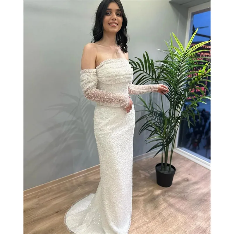 Vestidos de sirena blancos de lujo para fiesta, Vestido de manga larga con hombros descubiertos, largo hasta el suelo, 2024