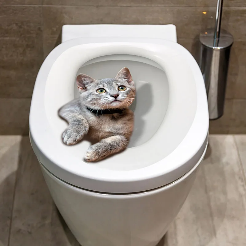 3D Cat Toilet Stickers Grey Tabby Cat Stickers for Toilet bowl,Decal  Peel & Stick Cat Wall Decals for Bathroom Washroom Decor