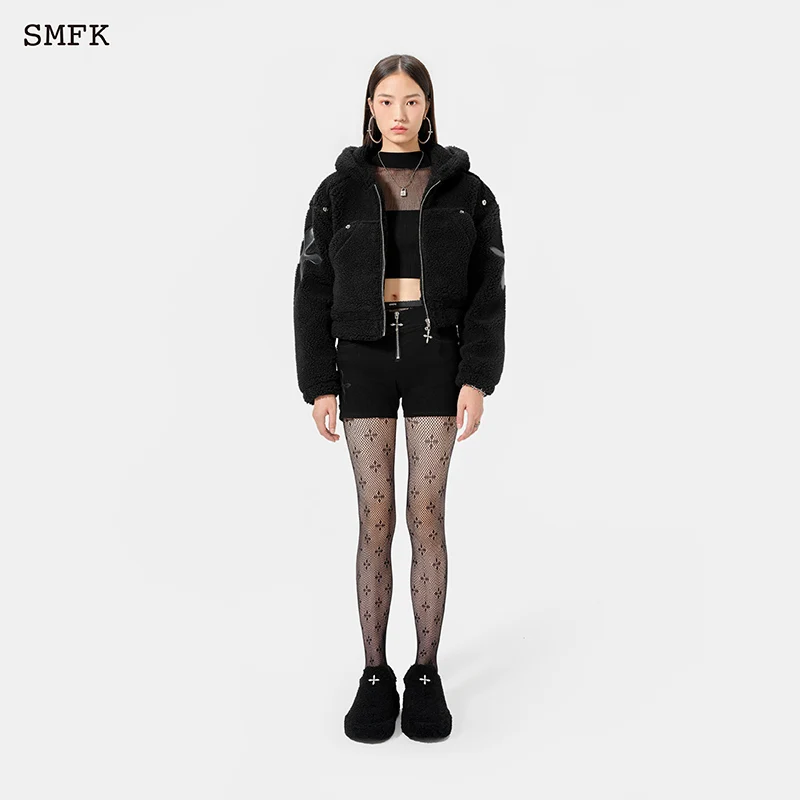 SMFK Women Handmade Lamb Fleece Hoodie Zip Hooded Cashmere Jacket  Short Thicker Woolen Jacket Babes Cashmere Short Coat CF002BS