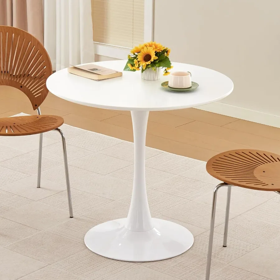 Dining Table, Circle Tulip Table with Thickened Tabletop and Metal Pedestal, Mid Century Modern Bistro Table for Kitchen, Small