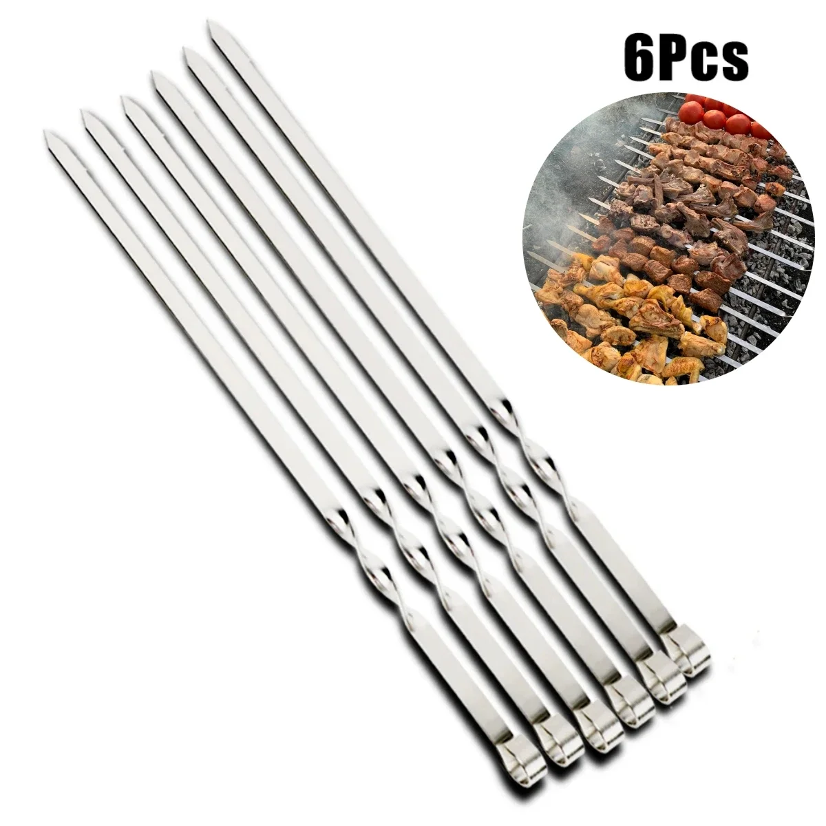 

6pcs/Set Stainless Steel Barbecue Skewer Flat BBQ Sticks Fork Outdoor Camping Picnic Utensil Kitchen Accessories