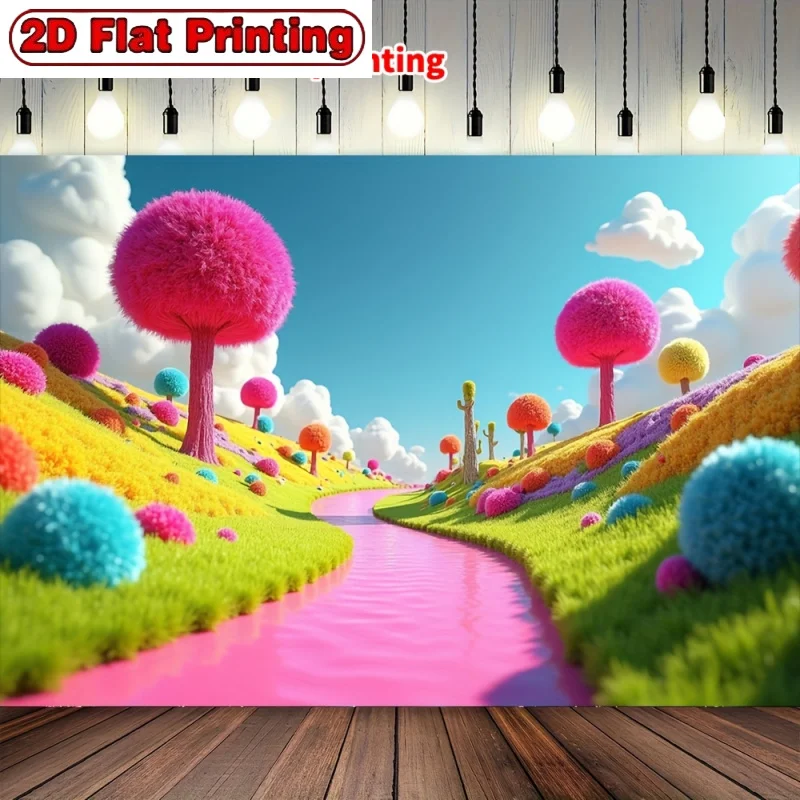 1pc Candy Land Pink Fuzzy Trees River 2D Flat Tapestry Backdrop For Kids Room Decor Dreamy Landscape Wall Hanging Art Print