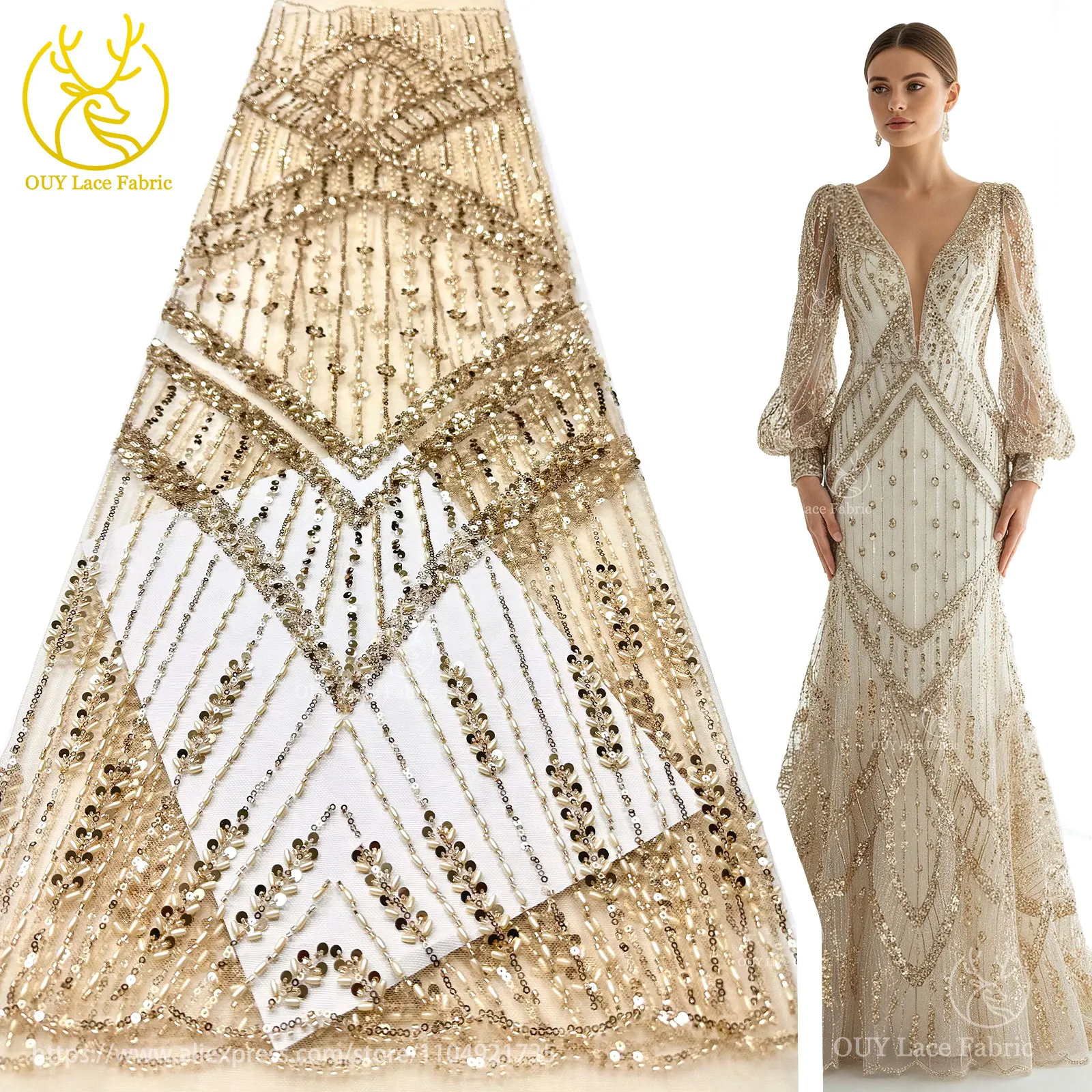 

African Luxury Large Bead Tulle Lace Fabric 2026 High-Quality French Nigerian Beaded Sequined Lace Fabric Wedding Party Gown