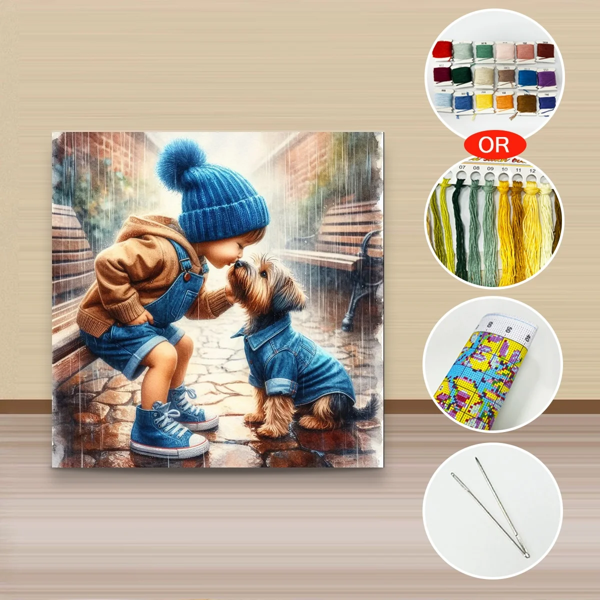 1 Stück 40x40 cm/15,74 Zoll, 11Ct/14Ct Kreuzstich-Set, DIY Valentinstagsgeschenk, Stickerei-Set für Festlichkeiten, Junge, der einen Küssenden Welpen im Regen betrachtet – Detail 3