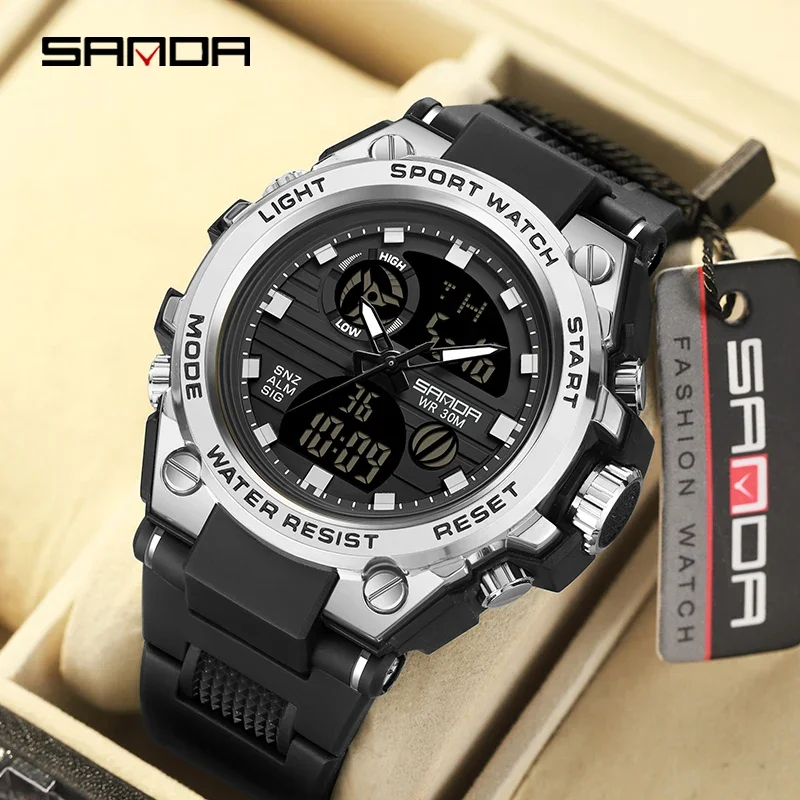 SANDA 739 Luxury Digital Quartz Watch for Men Military Army Waterproof Sports Wristwatches LED Dual Display Mens Reloj Hombre