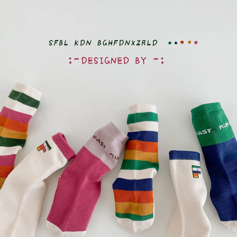 Children Spring Autumn Socks Boys Girls Trendy Rainbow Pattern Socks Cotton Socks 3 pairs