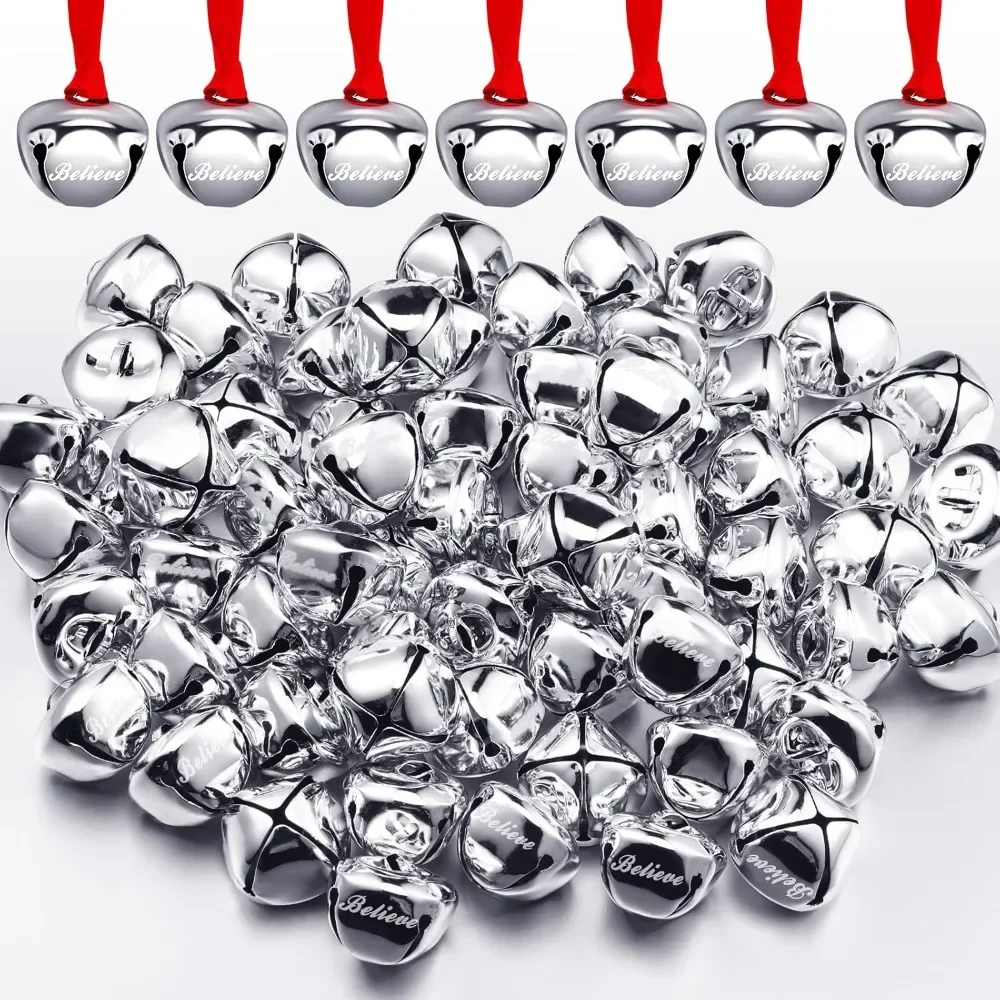 400 Pieces Christmas Believe Bell Ornaments Gifts Bulk Polar Bells Santa Sleigh Bells 1.5'' Christmas Tree Decorations Christmas