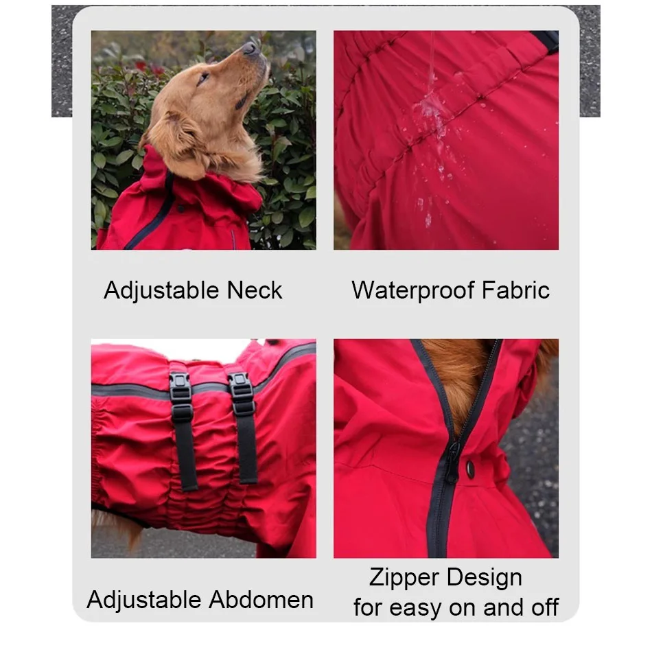 Waterproof Pet Dog Jacket Reflective Rain Dog Coat Red Dog Jumpsuits And Rompers Autumn Winter Dog Raincoat For Large Dogs