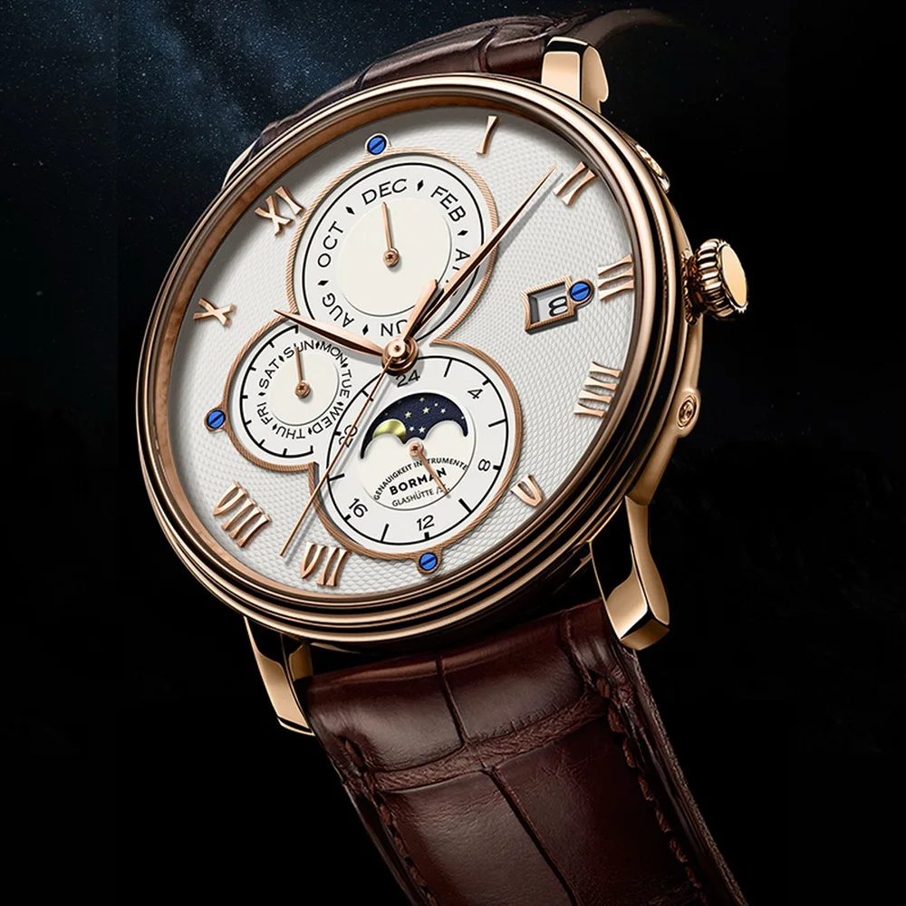 BORMAN メンズ自動巻き時計 41mm 機械式腕時計 50m 防水 サファイア マルチダイヤル 月週日