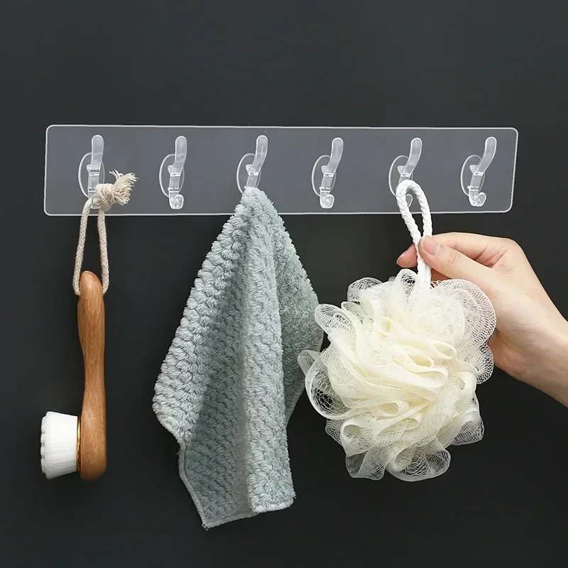 6Row Multipurpose Hooks Nail-free Transparent Holder Strong Self Adhesive Wall Hook Kitchen Bathroom Traceless Hanger Stickers