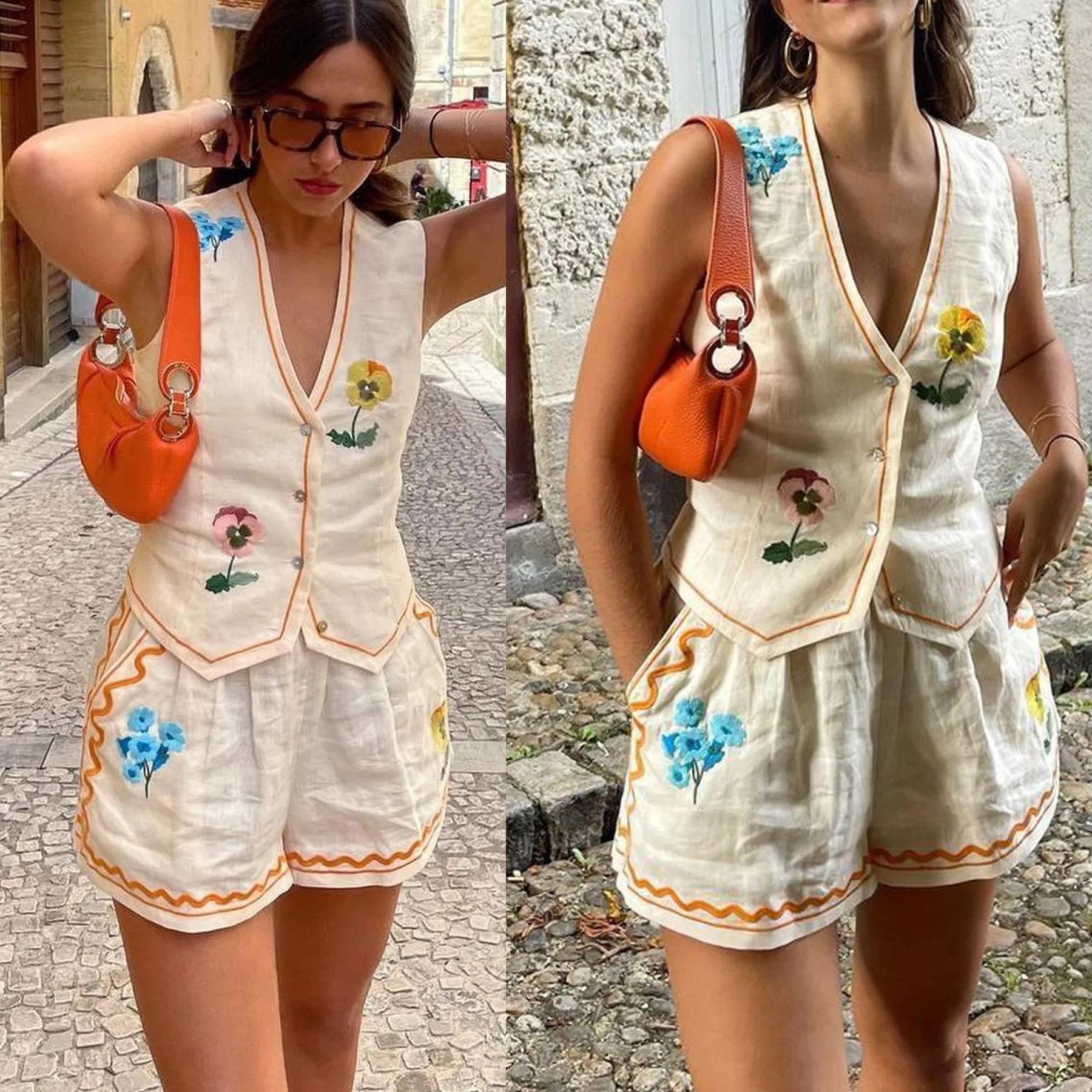 

Women's Chic Flower Embroidered Shorts Vacation Set Sleeveless V-neck Vest High Waist Loose Shorts Women's 2-Piece Summer Set