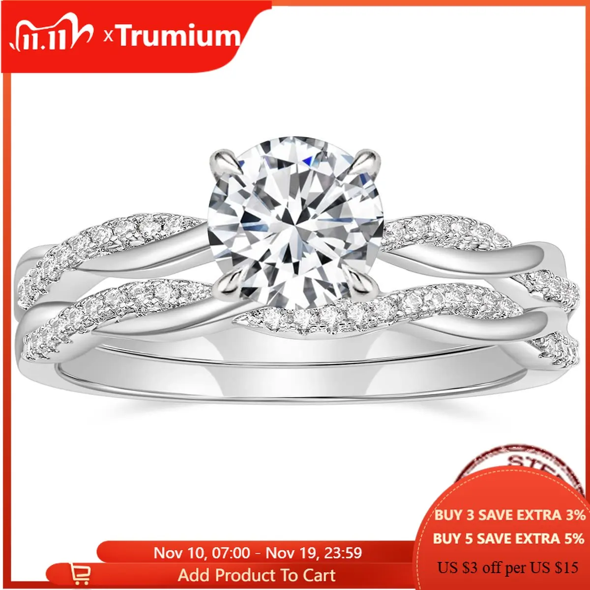 

Trumium 1ct Original 925 Silver Bridal Set Engagement Ring Infinity Eternity Twisted 5A Zircon rings for Women Wedding Bands