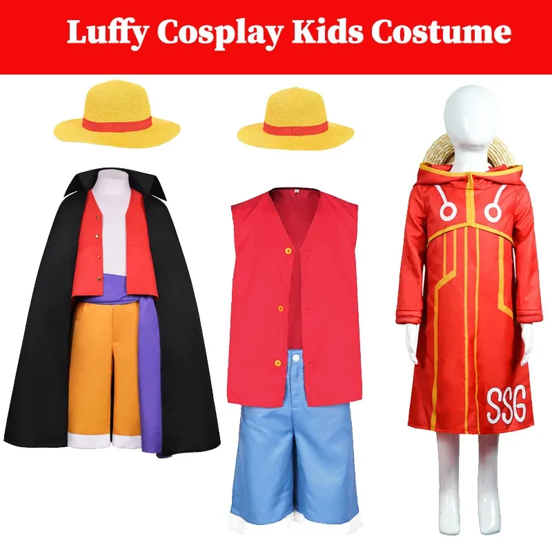 

Kids Luffy Cosplay Anime One Disguise Costume Coat Pants Hat Children Beach Clothing Halloween Party RolePlay Suit