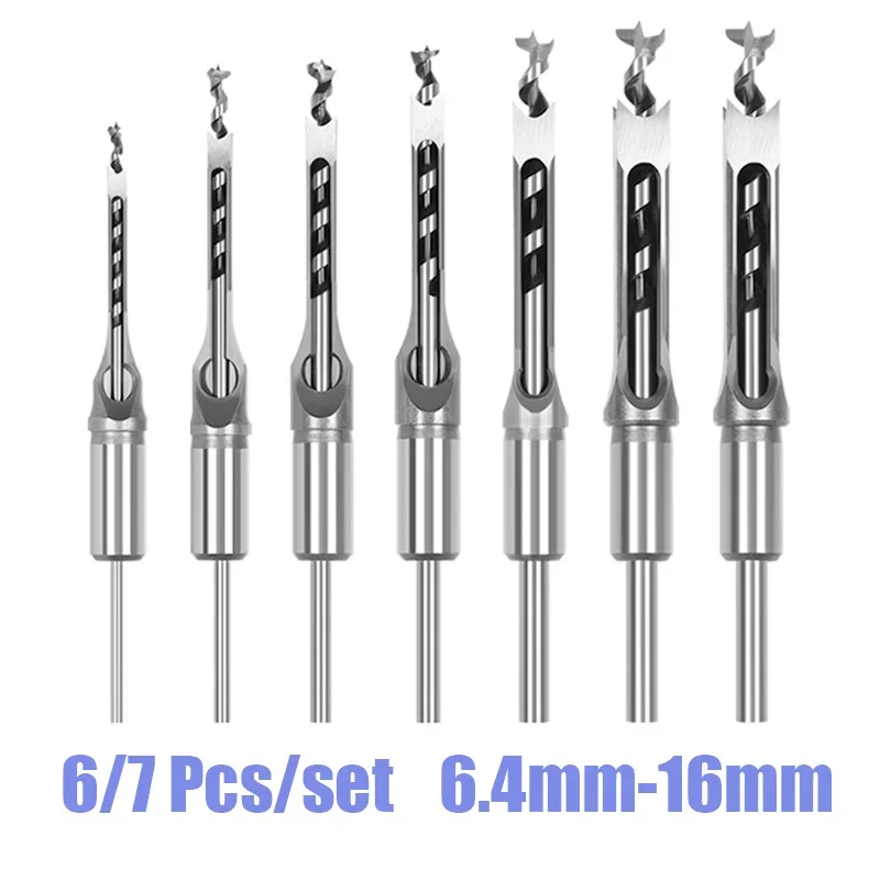 6Pcs/7Pcs Square Hole Drill Woodworking Drill Tools 6.4-16mm Auger Mortising Chisel Drill Wood Carving DIY Furniture Woodworking