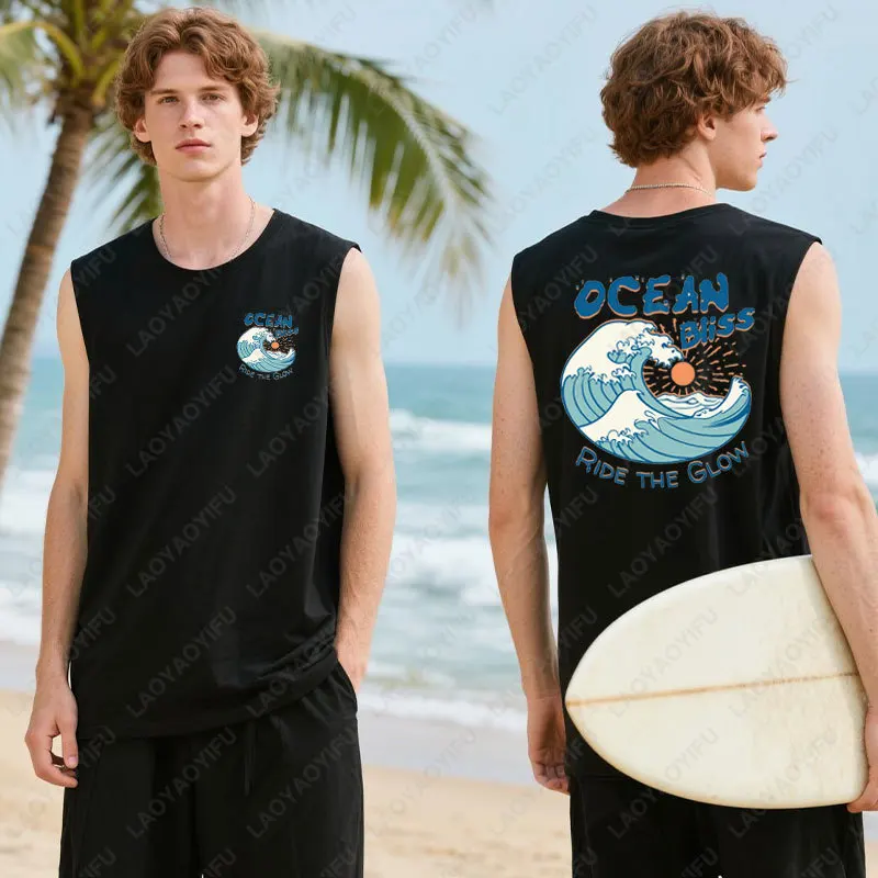 Waves Palm Trees Sunset Printing Tank Tops Beach Lover Gift Summer Cotton Vest Trendy Vacation Island Time Aloha Spirit Men Vest