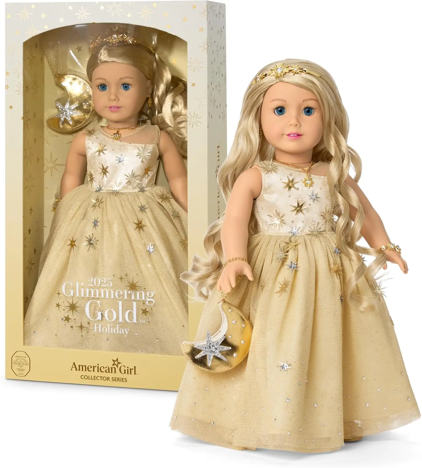 

2025 Glimmering Gold Holiday Collector Doll with Light-Blue Eyes and Long Wavy Blonde Hair, Ages 8+