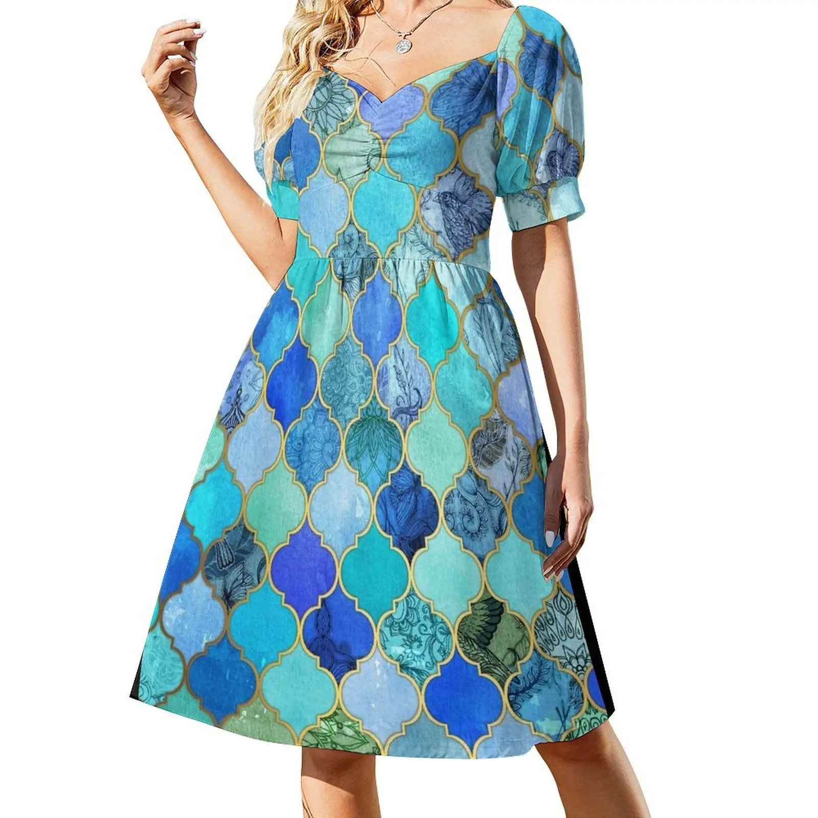 

Cobalt Blue, Aqua & Gold Decorative Moroccan Tile Pattern Short Sleeved Dress dresses for women 2025 evening dress women Dress