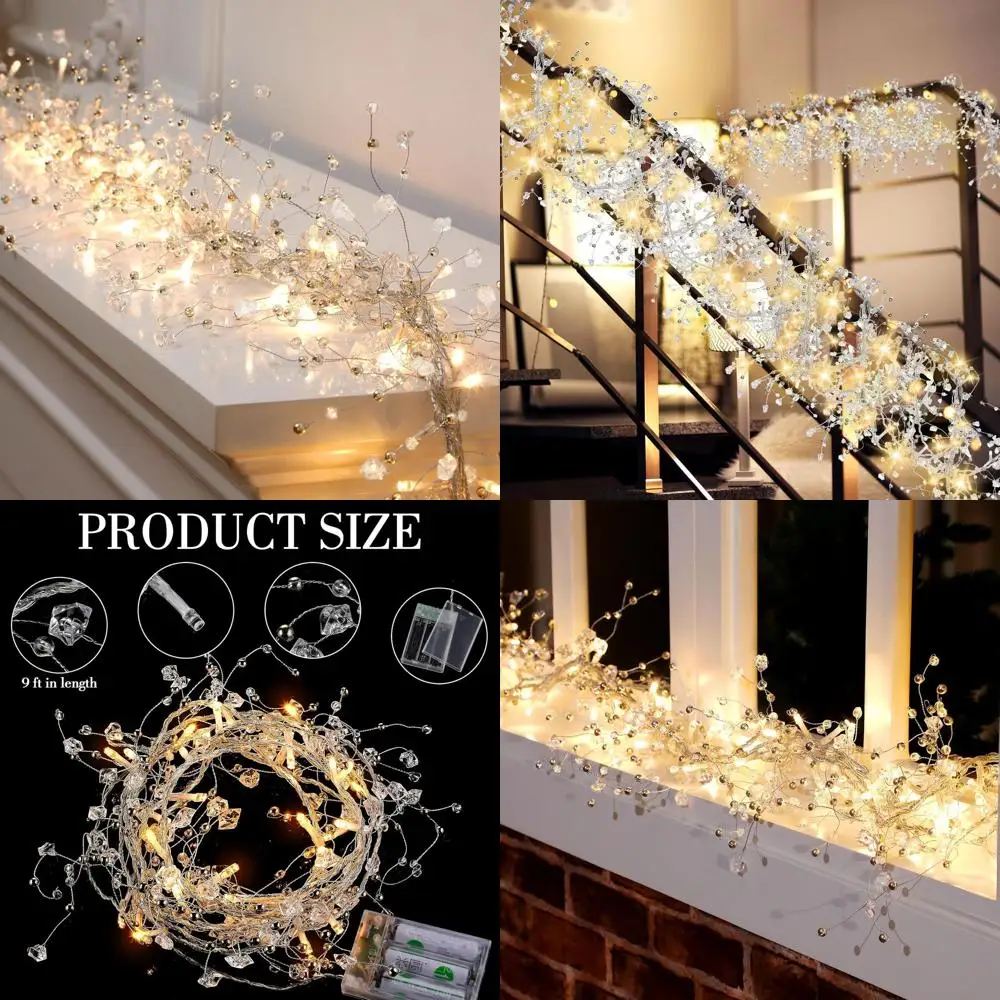 

4-Piece Clear Ice Wire Garland with Lighted Crystals, Faux Diamond Beads for Christmas Tree and Holiday Decor