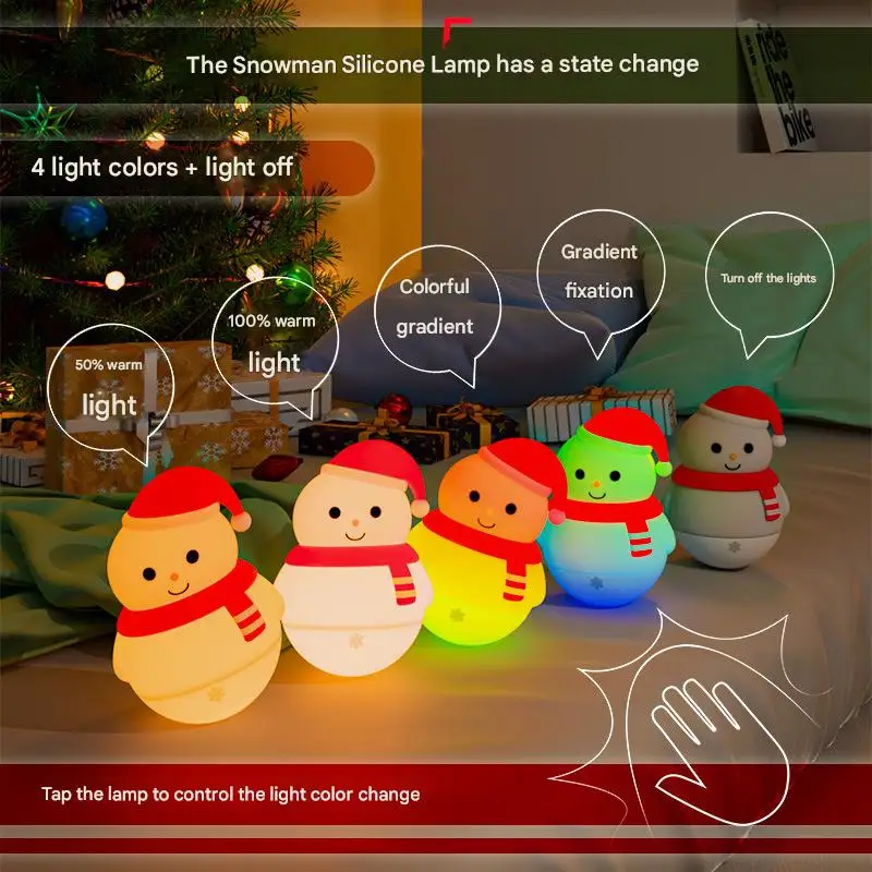 Tumbler Snowman Silicone Night Light Kids Room Soft Nightlight Rechargeable Cute Bedside Lamp for Bedroom Nursery Christmas Gift