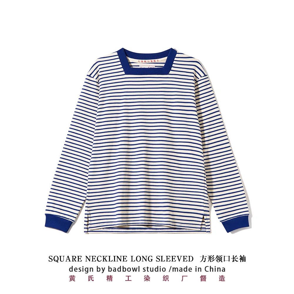 

Original Square Neck Striped T-shirt From The Great Voyage Series, Heavyweight Pure Cotton Men's Retro Long Sleeved T-shirt