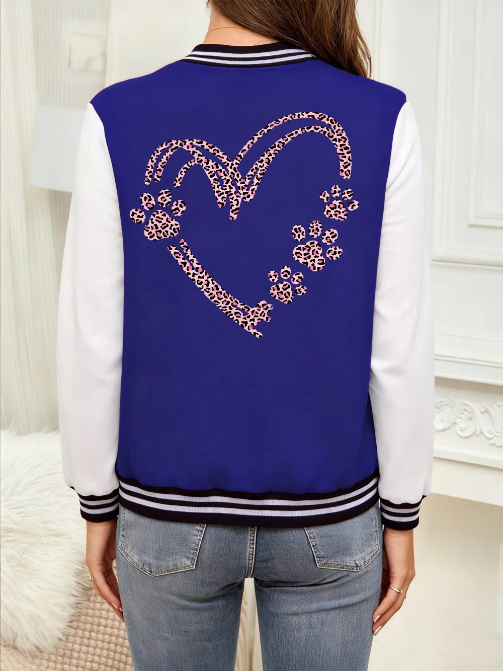

Cat Paw Heart Leopard Printing Baseball Coat Womens Casual Pocket Jackets Winter Fleece Warm Tops Basics Sporty Woman Clothes