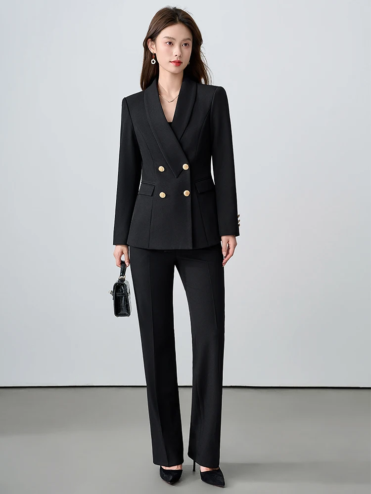 Conjunto de terno azul slim fit com botões de duas fileiras Ele para mulheres, entrevista profissional, roupa de trabalho, deslocamento, mistura de poliéster