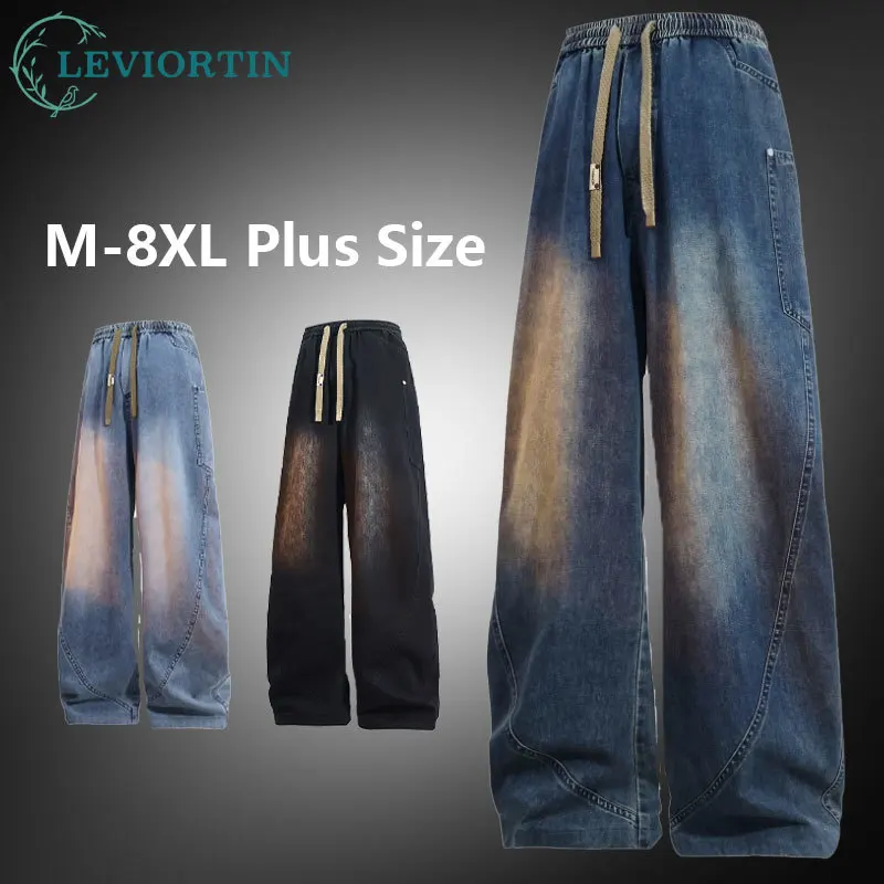 Men's Washed Machete Jeans Pants Multi-Pocket Patchwork Loose Drawstring Wide Leg Pants Male Casual Outdoor Denim Trousers