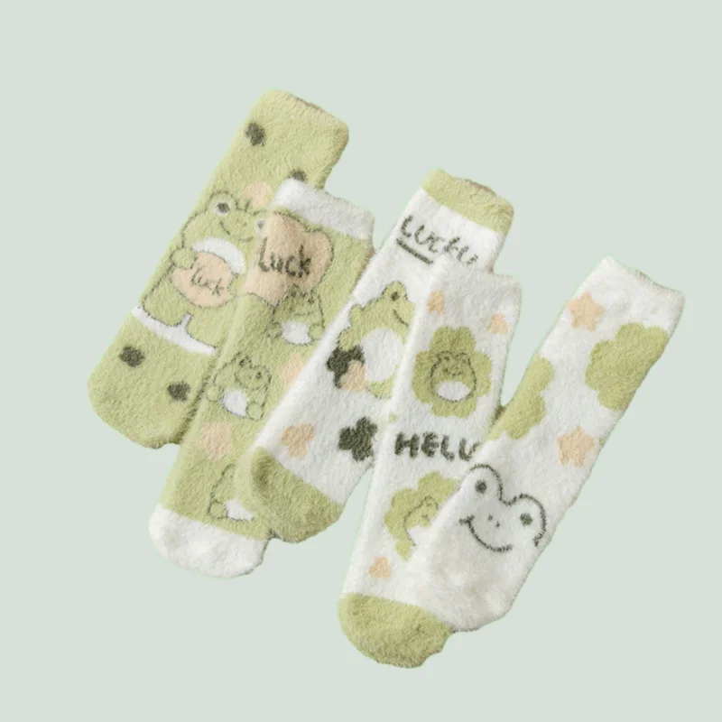 1/3 Pairs Women Mink Velvet Warm Cotton Socks Plus Velvet Thick Winter Home Sleep Green Frog Cartoon Sweet Versatile Cute Socks