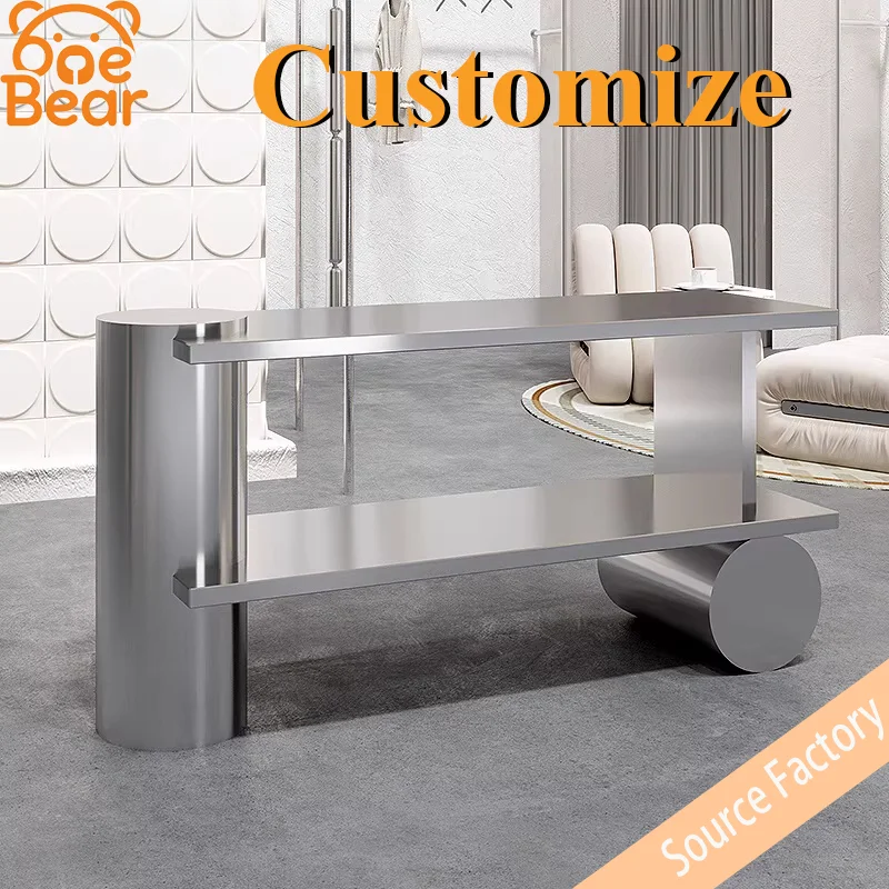 

Modern stainless steel reception desk, suitable for clothing stores and hotels, customizable sizes available.