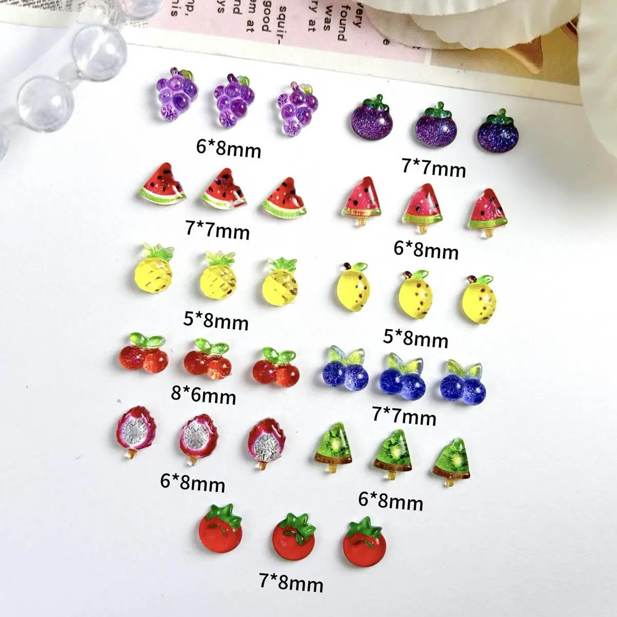 60PCS Creative Simulated Blueberry Grape Lemon Resin Nail Charms Translucent Cherry Pineapple Fruit Series Nail Art Decorations