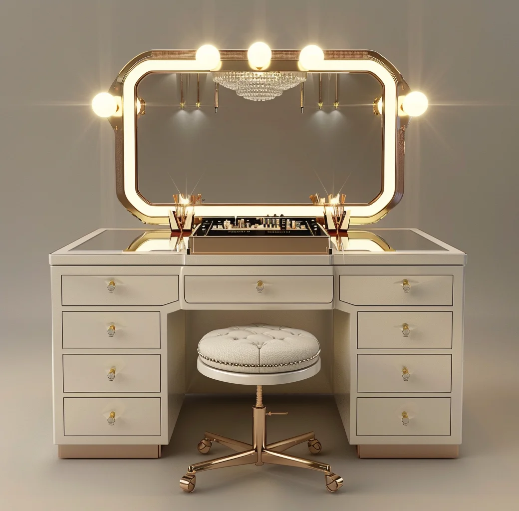 !@Dressing Table with Drawers Mirror and Stool Makeup Vanities Set Vanity Desk for Makeup