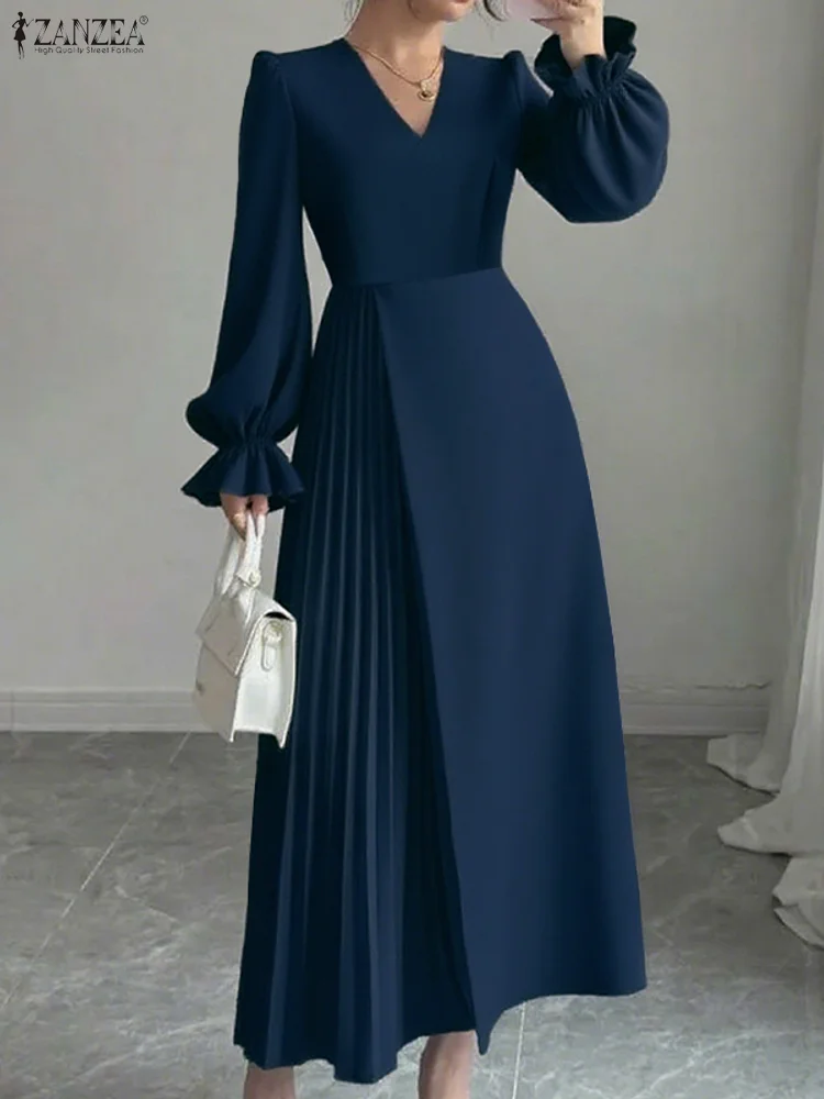 

ZANZEA Womens Elegant A-Line Party Dresses Modern V-Neck Long Puff Sleeve Fitted Waist Pleated Detail Long Dress Wedding Guest