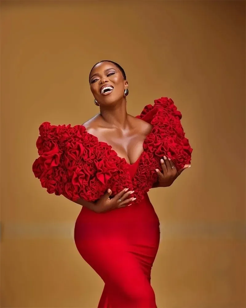 Abito da sera per feste con fiori 3D a sirena africana Aso Ebi di lusso Abito sexy per occasioni speciali con scollo a V e volant personalizzato