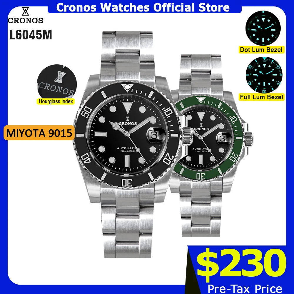 

Мужские часы Cronos Sub Diver Miyota 9015 с эмалевым циферблатом, матовым браслетом, керамическим безелем, водонепроницаемостью до 200 метров, застежкой Glideclasp L6045