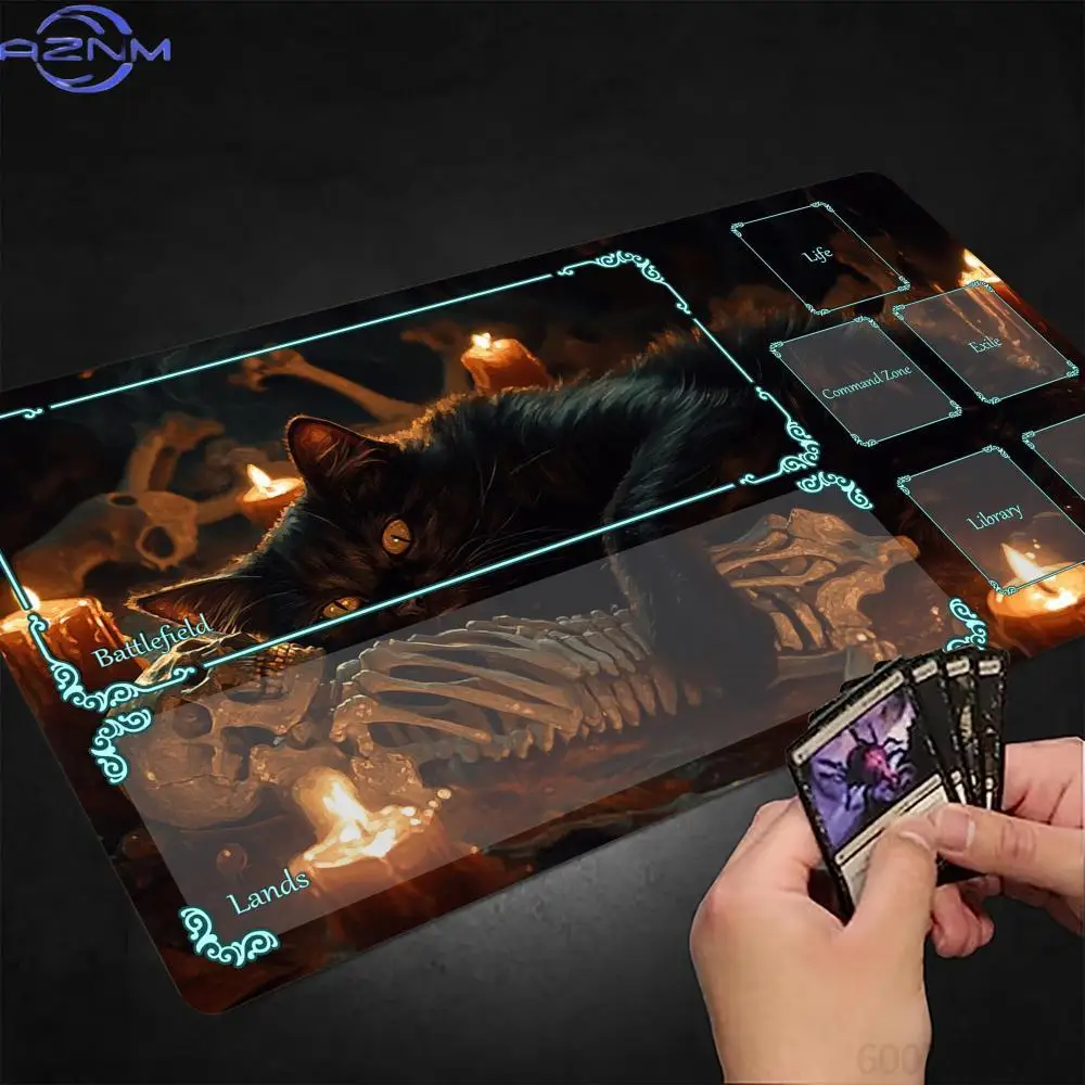 Black Cat Skeleton Candle TCG Playmat, Non‑Slip Rubber Trading Card Game Mat, Table Desk Pad for Card Gaming Table Decor